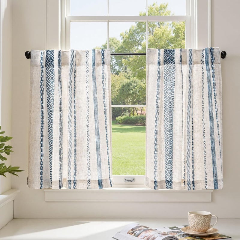 jinchan Boho Kitchen Curtains 24 Inch Linen Tier Curtains with Geometric Pattern Bohemian Cafe Small Light Filtering Window Treatment for Living Room RV Back Tab 2 Panels Blue on Linen - Image 4